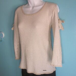 Pedro del Hierro Womens Size M Fitted Knit Pullover Cream & Gold Stripe Top